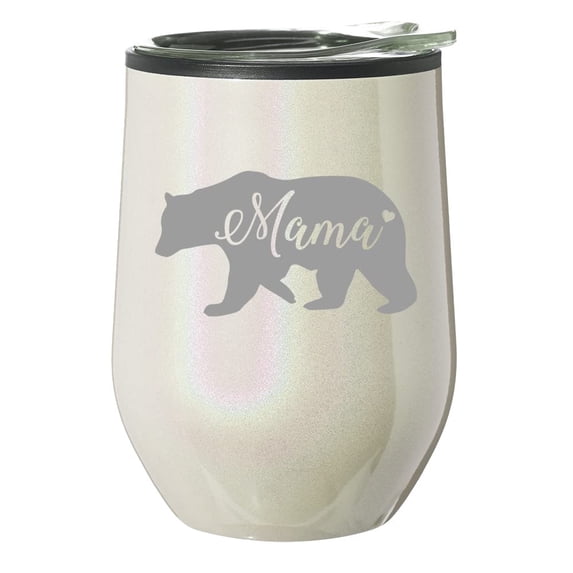 Stemless Wine Tumbler Coffee Travel Mug Glass With Lid Gift Mama Bear Mom Mother (Pearl Glitter)