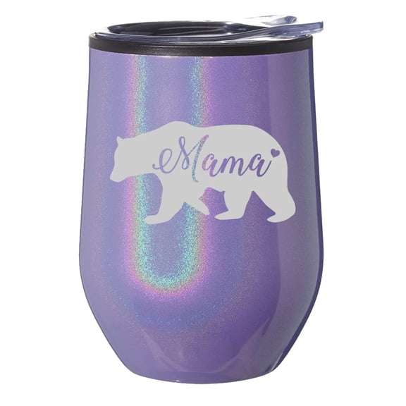Stemless Wine Tumbler Coffee Travel Mug Glass With Lid Gift Mama Bear Mom Mother (Purple Glitter)