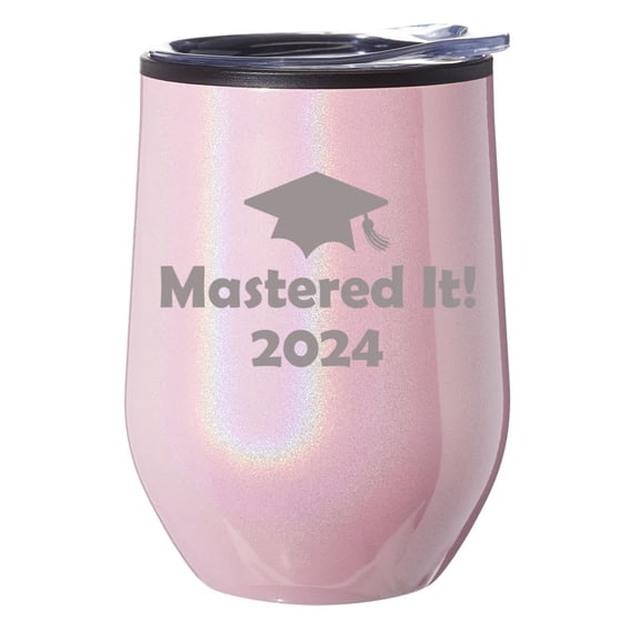 Stemless Wine Tumbler Coffee Travel Mug Glass With Lid Gift Mastered It 2024 Graduation Masters Degree (Pink Glitter)