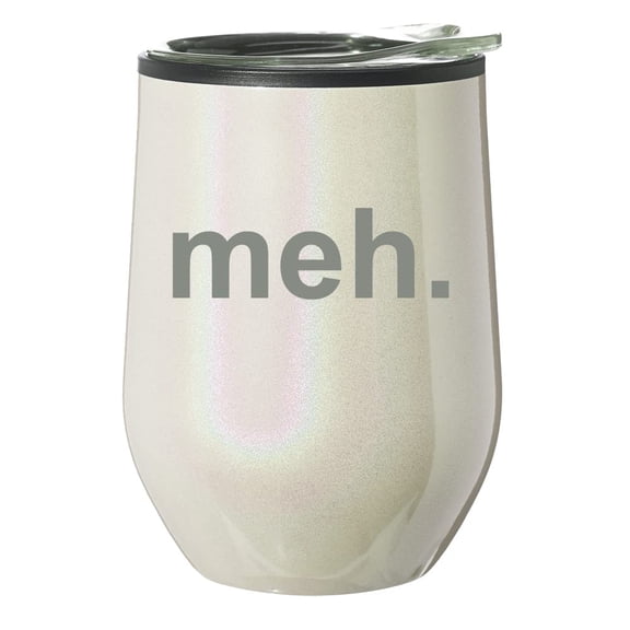Stemless Wine Tumbler Coffee Travel Mug Glass With Lid Gift Meh Geek Sarcastic Expression (Pearl Glitter)