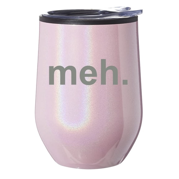 Stemless Wine Tumbler Coffee Travel Mug Glass With Lid Gift Meh Geek Sarcastic Expression (Pink Glitter)