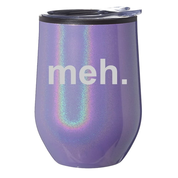 Stemless Wine Tumbler Coffee Travel Mug Glass With Lid Gift Meh Geek Sarcastic Expression (Purple Glitter)