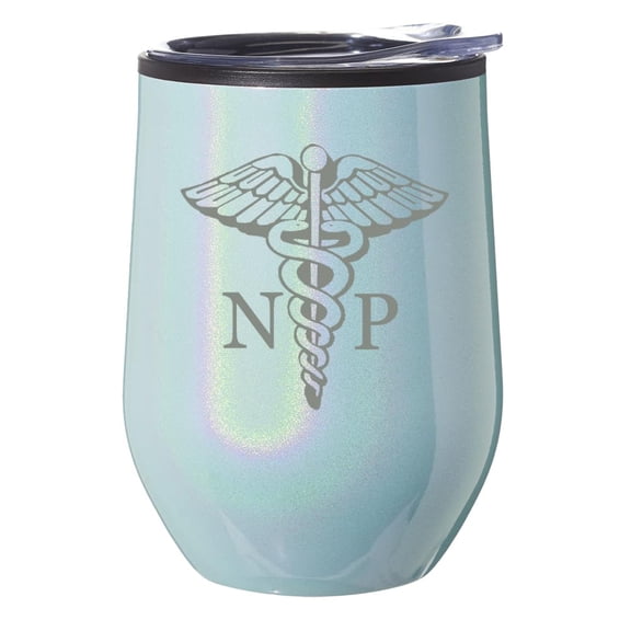 Stemless Wine Tumbler Coffee Travel Mug Glass With Lid Gift NP Nurse Preceptor (Blue Glitter)