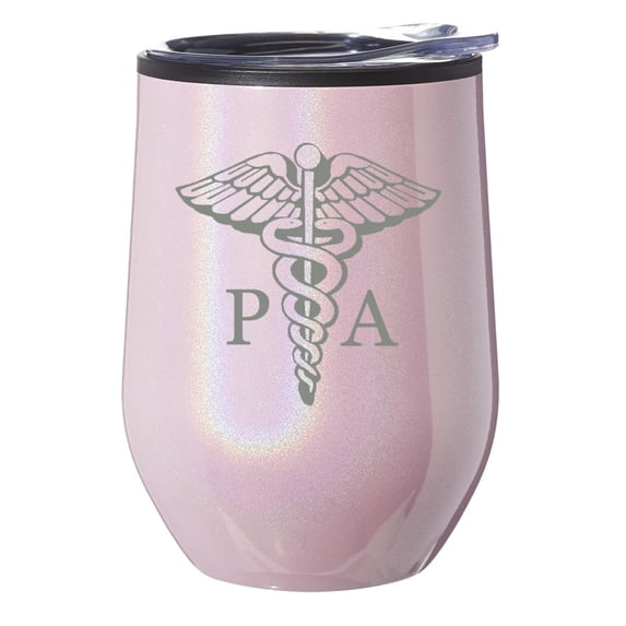 Stemless Wine Tumbler Coffee Travel Mug Glass With Lid Gift PA Physician Assistant Caduceus (Pink Glitter)