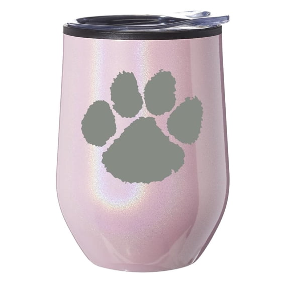Stemless Wine Tumbler Coffee Travel Mug Glass With Lid Gift Paw Print (Pink Glitter)