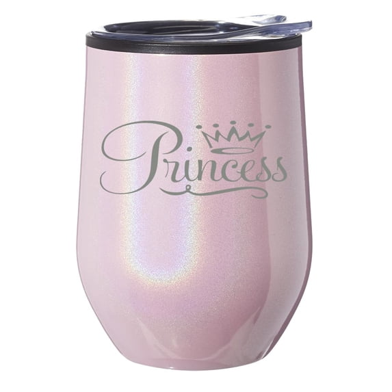 Stemless Wine Tumbler Coffee Travel Mug Glass With Lid Gift Princess Fancy (Pink Glitter)