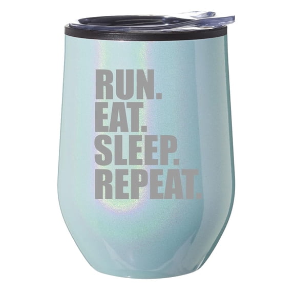 Stemless Wine Tumbler Coffee Travel Mug Glass With Lid Gift Run Eat Sleep Repeat (Blue Glitter)