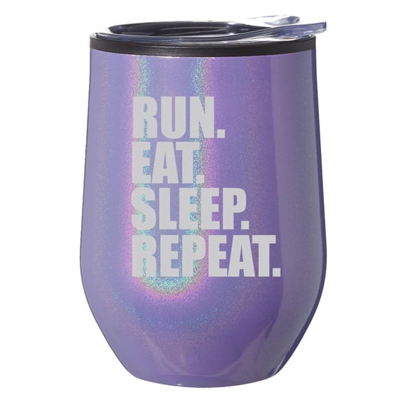 Stemless Wine Tumbler Coffee Travel Mug Glass With Lid Gift Run Eat Sleep Repeat (Purple Glitter)