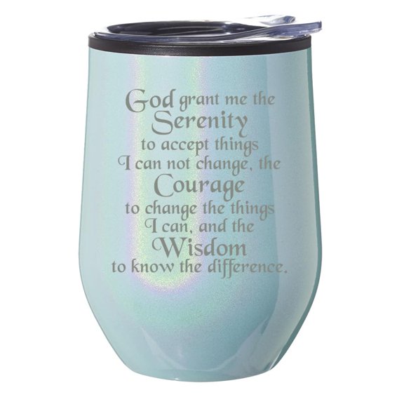 Stemless Wine Tumbler Coffee Travel Mug Glass With Lid Gift Serenity Quote (Blue Glitter)