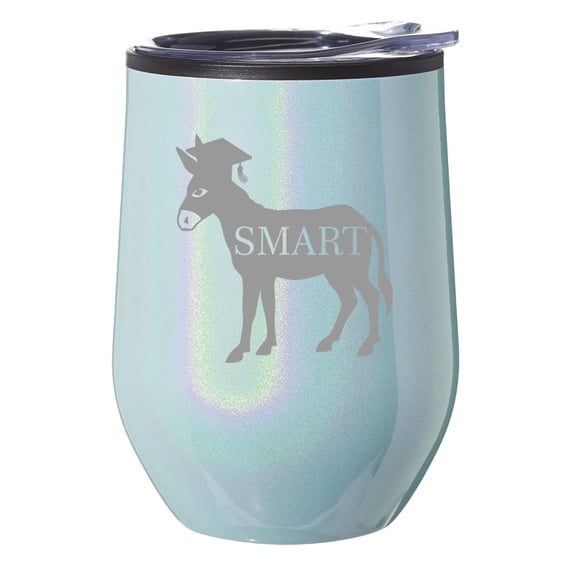 Stemless Wine Tumbler Coffee Travel Mug Glass With Lid Gift Smart Ass Donkey Funny Grad Graduation (Blue Glitter Iridescent)