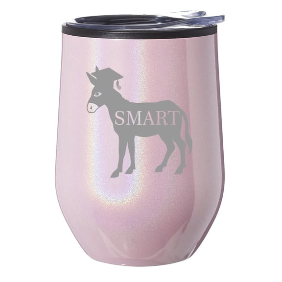 Stemless Wine Tumbler Coffee Travel Mug Glass With Lid Gift Smart Ass Donkey Funny Grad Graduation (Pink Glitter Iridescent)
