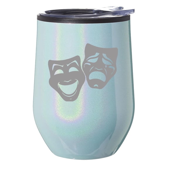 Stemless Wine Tumbler Coffee Travel Mug Glass With Lid Gift Theater Masks (Blue Glitter Iridescent)