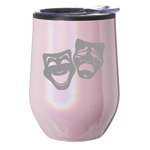 Stemless Wine Tumbler Coffee Travel Mug Glass With Lid Gift Theater Masks (Pink Glitter Iridescent)