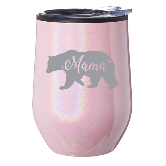 Stemless Wine Tumbler Coffee Travel Mug Glass With Lid Mama Bear Mom Mother (Pink Iridescent Glitter)