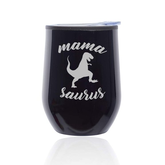 Stemless Wine Tumbler Coffee Travel Mug Glass With Lid Mama Saurus Mom Mother T-Rex Funny (Midnight Black)