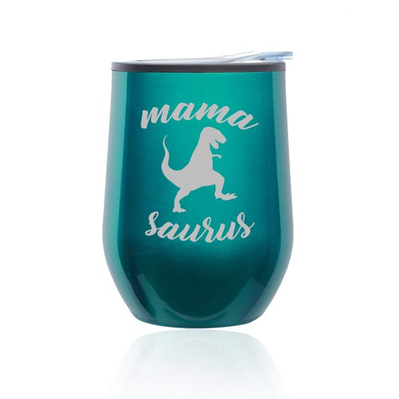 Stemless Wine Tumbler Coffee Travel Mug Glass With Lid Mama Saurus Mom Mother T-Rex Funny (Turquoise Teal)