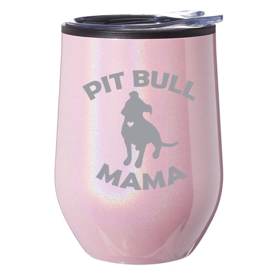 Stemless Wine Tumbler Coffee Travel Mug Glass With Lid Pit Bull Mama (Pink Iridescent Glitter)