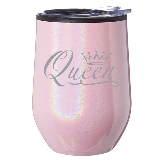 Stemless Wine Tumbler Coffee Travel Mug Glass With Lid Queen Fancy (Pink Iridescent Glitter)