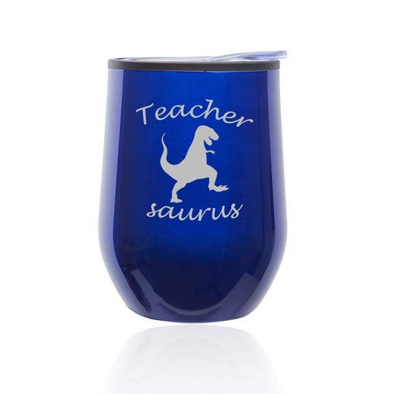 Stemless Wine Tumbler Coffee Travel Mug Glass With Lid Teacher Saurus Funny T-Rex (Blue)