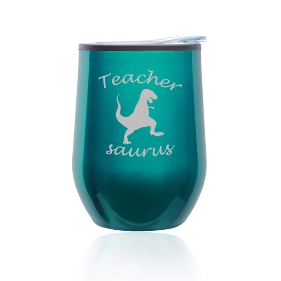 Stemless Wine Tumbler Coffee Travel Mug Glass With Lid Teacher Saurus Funny T-Rex (Turquoise Teal)