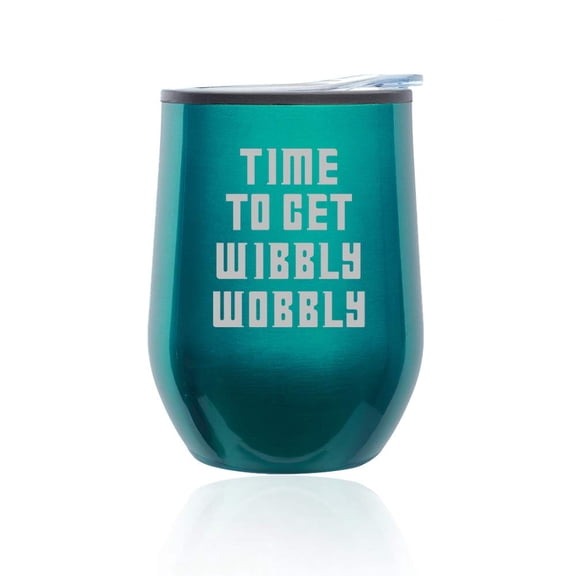 Stemless Wine Tumbler Coffee Travel Mug Glass With Lid Time To Get Wibbly Wobbly (Turquoise Teal)