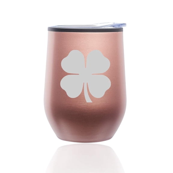 Stemless Wine Tumbler Coffee Travel Mug Glass with Lid 4 Leaf Clover Shamrock (Rose Gold)