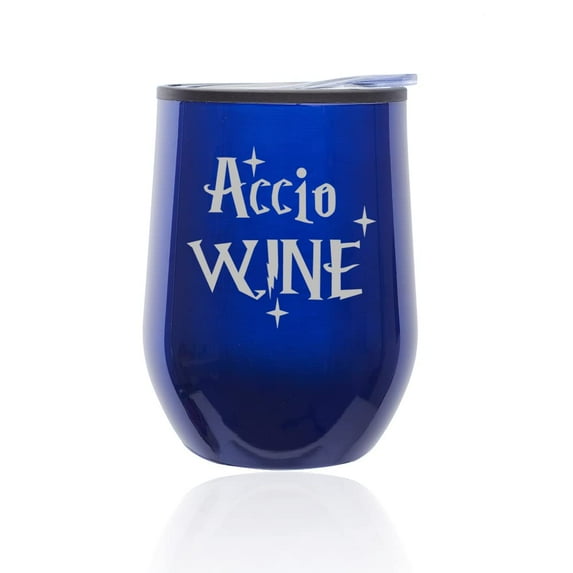 Stemless Wine Tumbler Coffee Travel Mug Glass with Lid Accio Wine (Blue)