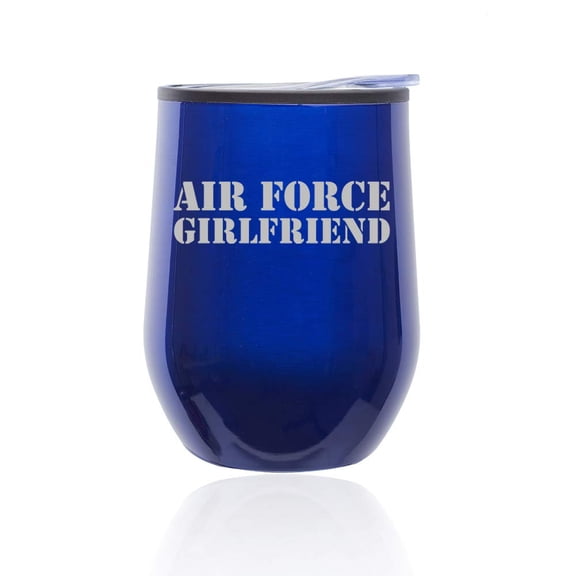 Stemless Wine Tumbler Coffee Travel Mug Glass with Lid Air Force Girlfriend (Blue)