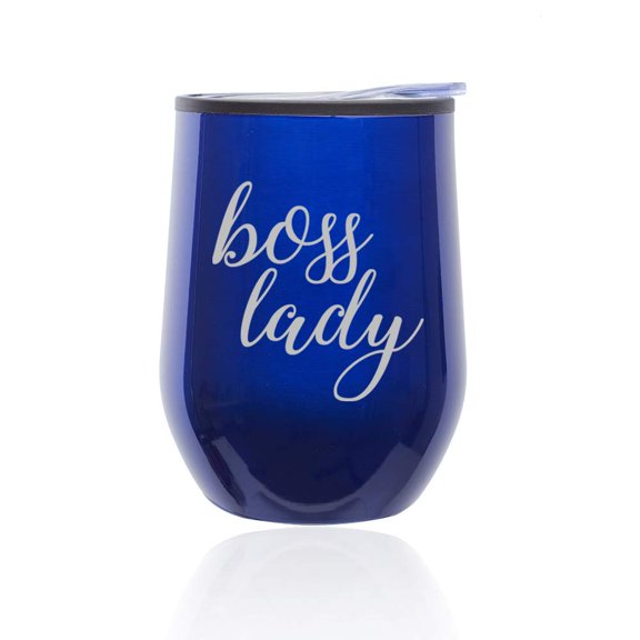 Stemless Wine Tumbler Coffee Travel Mug Glass with Lid Boss Lady (Blue)