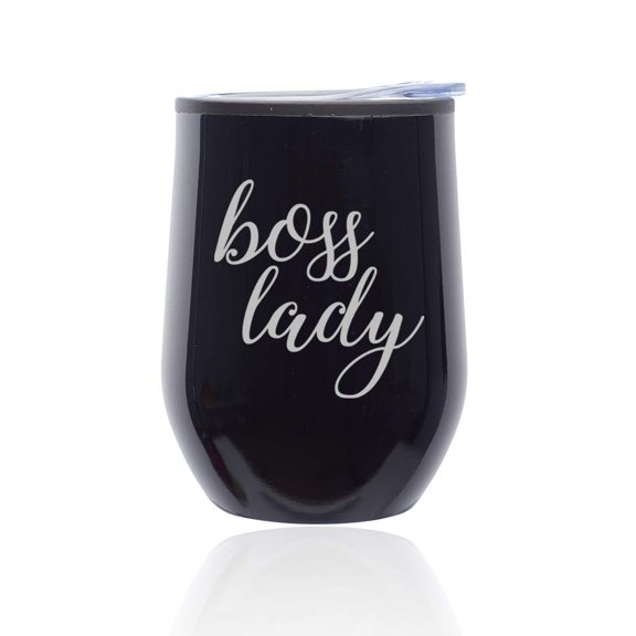 Stemless Wine Tumbler Coffee Travel Mug Glass with Lid Boss Lady (Midnight Black)