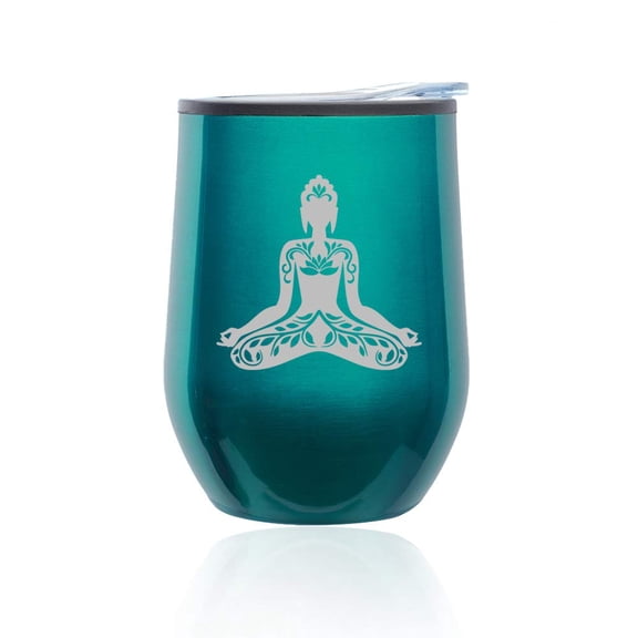 Stemless Wine Tumbler Coffee Travel Mug Glass with Lid Buddha Yoga Lotus (Turquoise Teal)