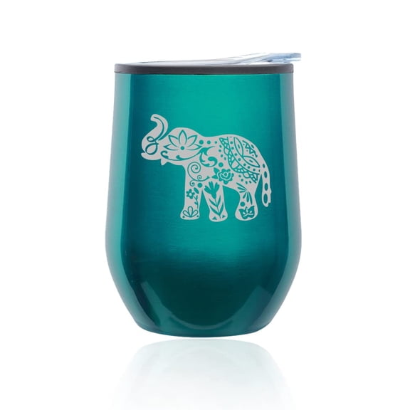 Stemless Wine Tumbler Coffee Travel Mug Glass with Lid Cute Elephant (Turquoise Teal)