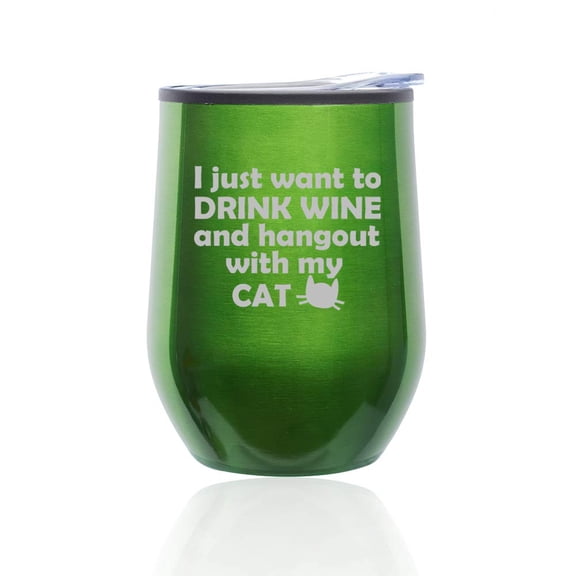 Stemless Wine Tumbler Coffee Travel Mug Glass with Lid Drink Wine And Hang Out With Cat (Green)