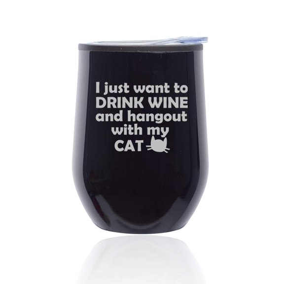 Stemless Wine Tumbler Coffee Travel Mug Glass with Lid Drink Wine And Hang Out With Cat (Midnight Black)