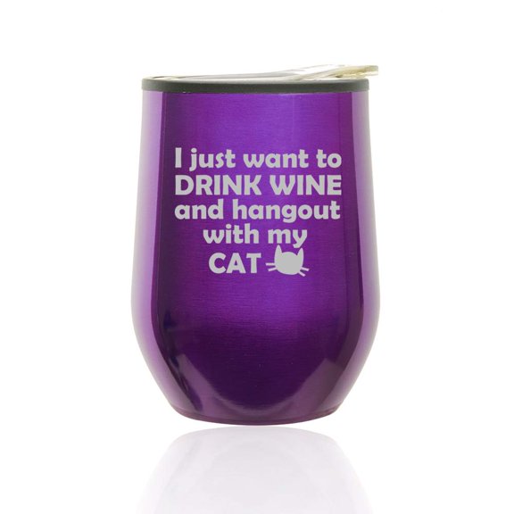Stemless Wine Tumbler Coffee Travel Mug Glass with Lid Drink Wine And Hang Out With Cat (Royal Purple)