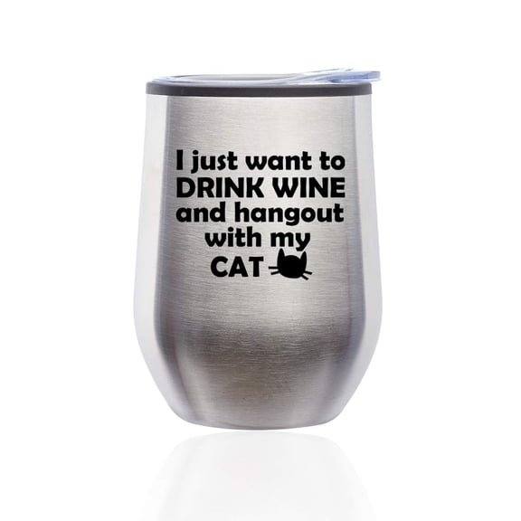 Stemless Wine Tumbler Coffee Travel Mug Glass with Lid Drink Wine And Hang Out With Cat (Silver)