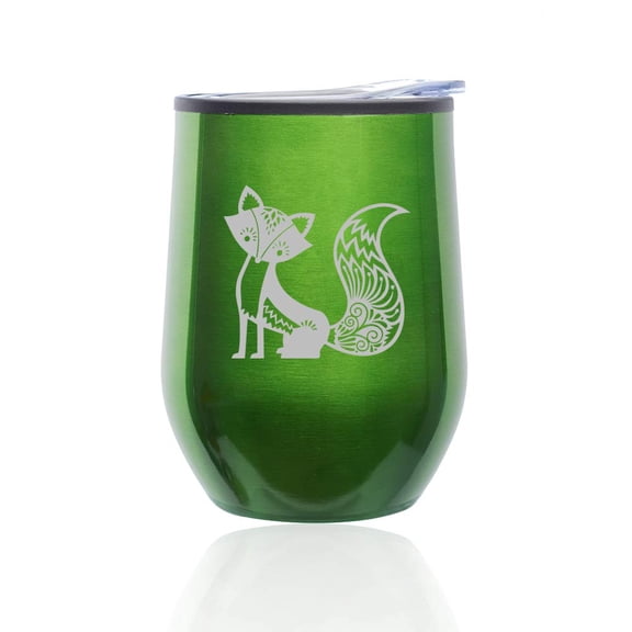 Stemless Wine Tumbler Coffee Travel Mug Glass with Lid Fancy Fox (Green)