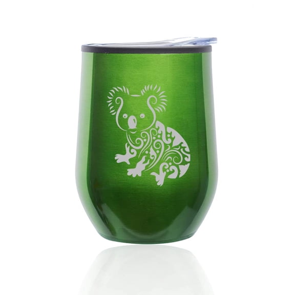 Stemless Wine Tumbler Coffee Travel Mug Glass with Lid Fancy Koala Bear (Green)