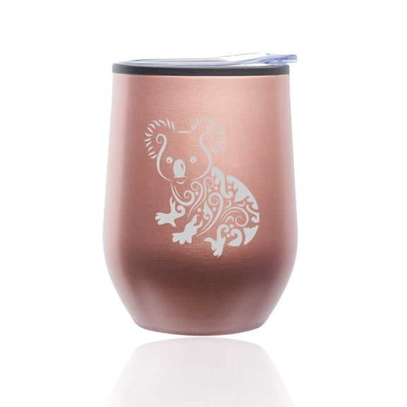 Stemless Wine Tumbler Coffee Travel Mug Glass with Lid Fancy Koala Bear (Rose Gold)