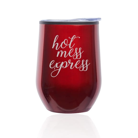 Stemless Wine Tumbler Coffee Travel Mug Glass with Lid Hot Mess Express Funny (Red)