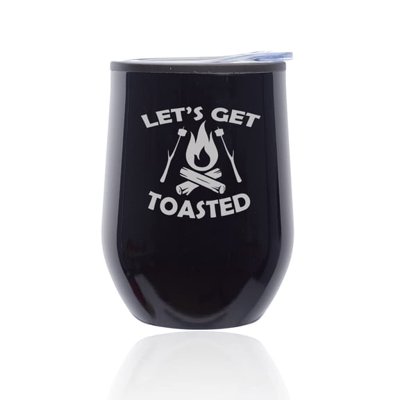 Stemless Wine Tumbler Coffee Travel Mug Glass with Lid Let's Get Toasted Funny Camping Outdoors (Black Midnight)