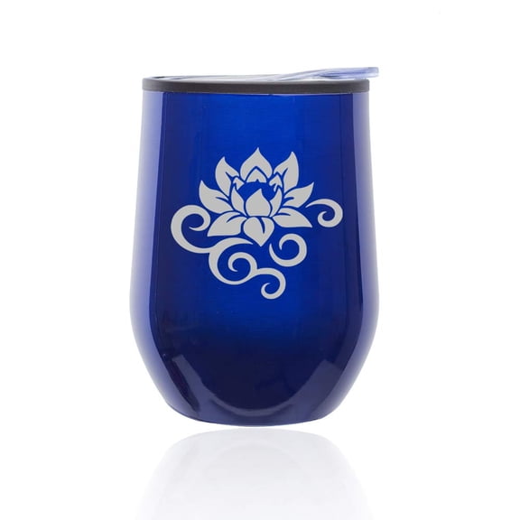 Stemless Wine Tumbler Coffee Travel Mug Glass with Lid Lotus Flower Scroll (Blue)
