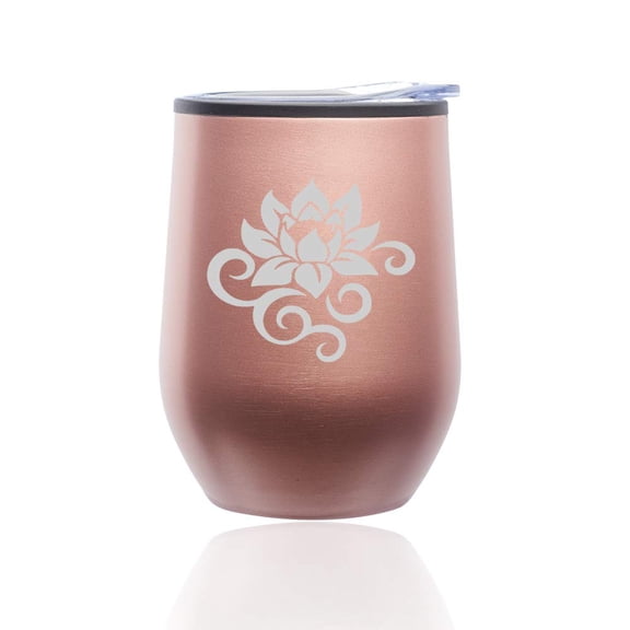 Stemless Wine Tumbler Coffee Travel Mug Glass with Lid Lotus Flower Scroll (Rose Gold)