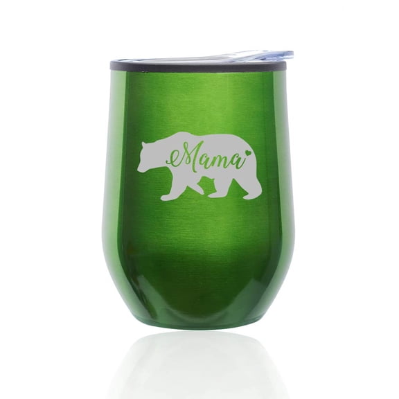 Stemless Wine Tumbler Coffee Travel Mug Glass with Lid Mama Bear Mom Mother (Green)