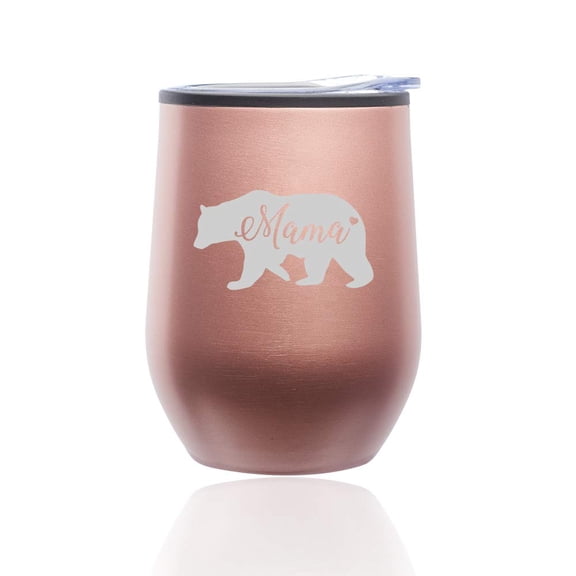 Stemless Wine Tumbler Coffee Travel Mug Glass with Lid Mama Bear Mom Mother (Rose Gold)