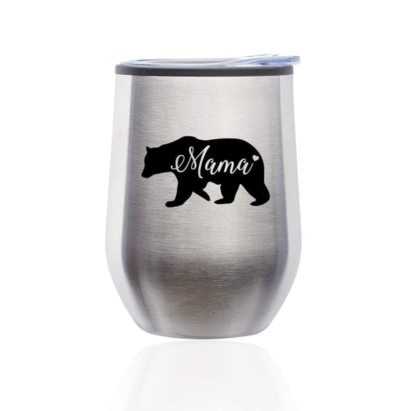 Stemless Wine Tumbler Coffee Travel Mug Glass with Lid Mama Bear Mom Mother (Silver)
