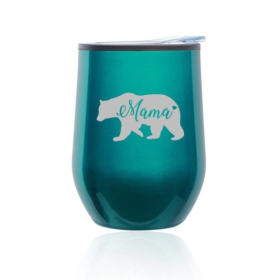 Stemless Wine Tumbler Coffee Travel Mug Glass with Lid Mama Bear Mom Mother (Turquoise Teal)