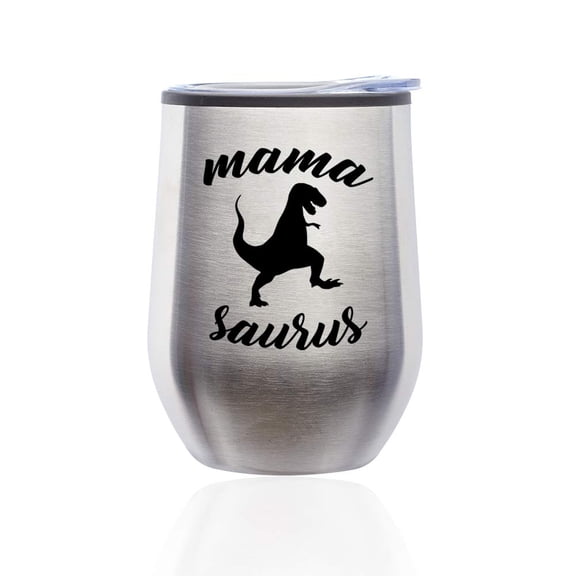 Stemless Wine Tumbler Coffee Travel Mug Glass with Lid Mama Saurus Mom Mother T-Rex Funny (Silver)