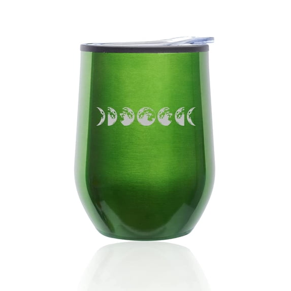Stemless Wine Tumbler Coffee Travel Mug Glass with Lid Moon Phases (Green)