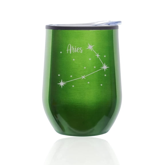 Stemless Wine Tumbler Coffee Travel Mug Glass with Lid Star Zodiac Horoscope Constellation (Green) (Aries)